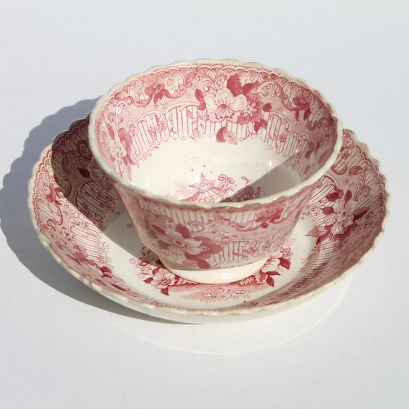 Rare Adams Red Transferware Tea Bowl & Saucer, C. 1820-30s, Hibiscus Border - Picture 1 of 7
